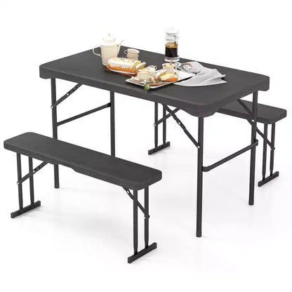 Costway Outdoor Table Bench Set Folding Picnic Table Set w/ 2 Benches Sturdy Metal Frame