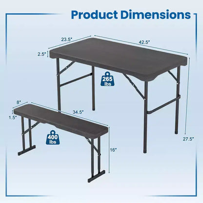 Costway Outdoor Table Bench Set Folding Picnic Table Set w/ 2 Benches Sturdy Metal Frame