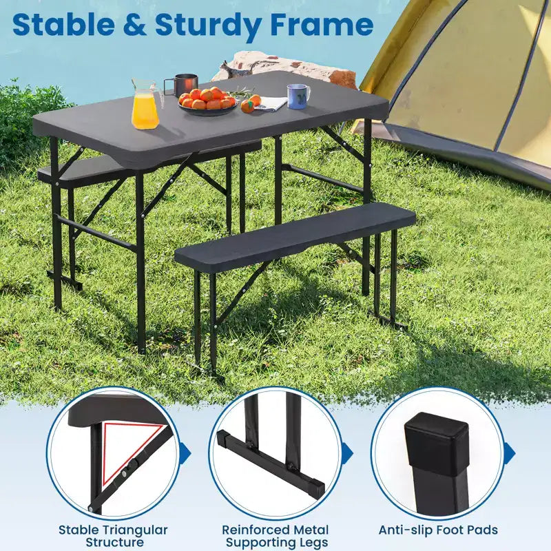 Costway Outdoor Table Bench Set Folding Picnic Table Set w/ 2 Benches Sturdy Metal Frame
