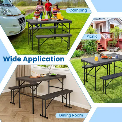 Costway Outdoor Table Bench Set Folding Picnic Table Set w/ 2 Benches Sturdy Metal Frame