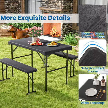 Costway Outdoor Table Bench Set Folding Picnic Table Set w/ 2 Benches Sturdy Metal Frame