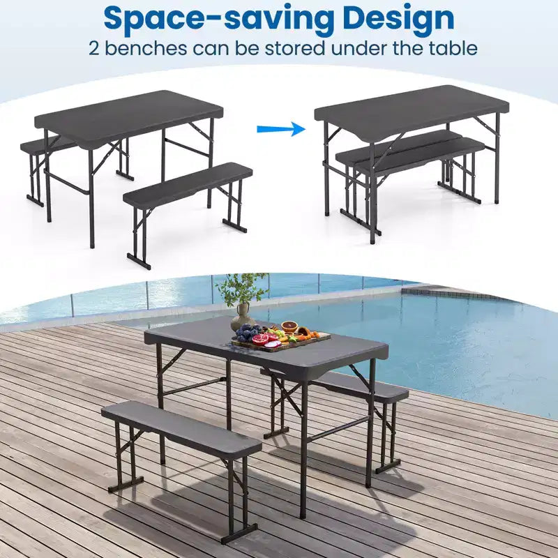 Costway Outdoor Table Bench Set Folding Picnic Table Set w/ 2 Benches Sturdy Metal Frame