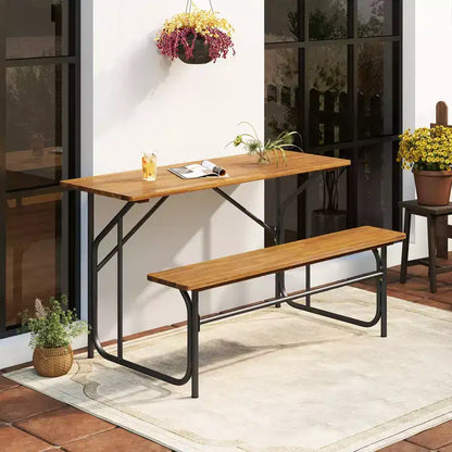 Costway Patio Table Bench Set for 2 Picnic Table & Loveseat w/Acacia Wood Top Metal Legs