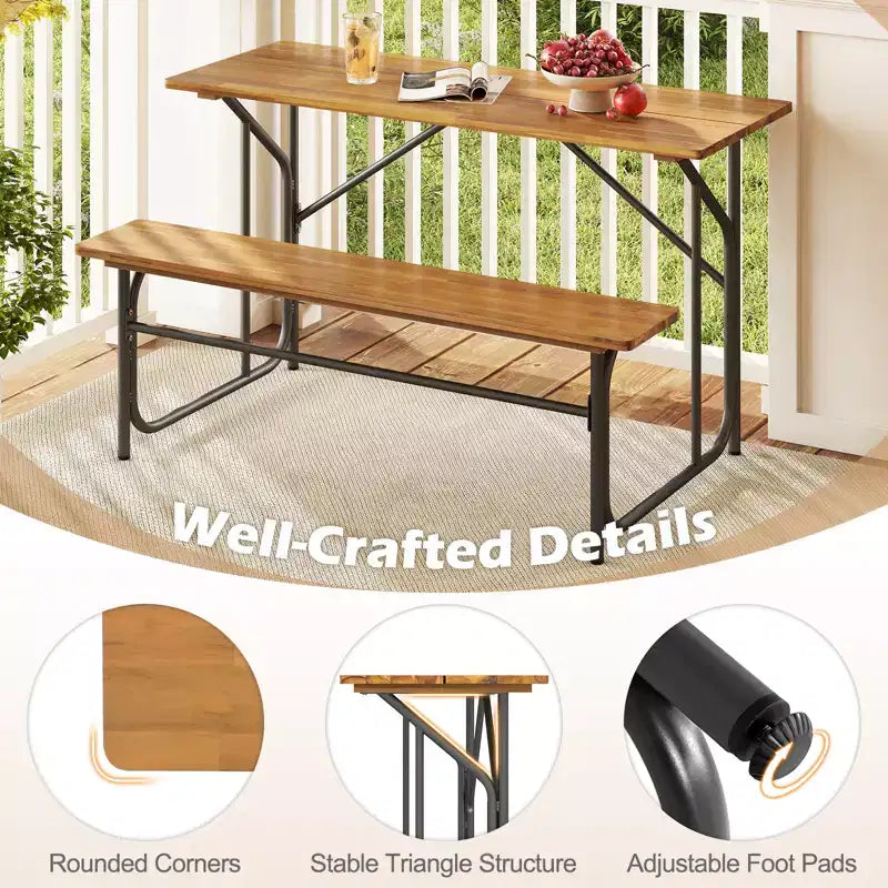 Costway Patio Table Bench Set for 2 Picnic Table & Loveseat w/Acacia Wood Top Metal Legs