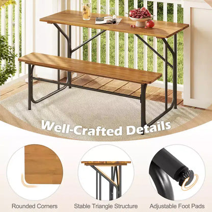 Costway Patio Table Bench Set for 2 Picnic Table & Loveseat w/Acacia Wood Top Metal Legs