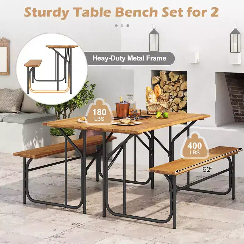 Costway Patio Table Bench Set for 2 Picnic Table & Loveseat w/Acacia Wood Top Metal Legs