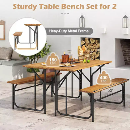 Costway Patio Table Bench Set for 2 Picnic Table & Loveseat w/Acacia Wood Top Metal Legs