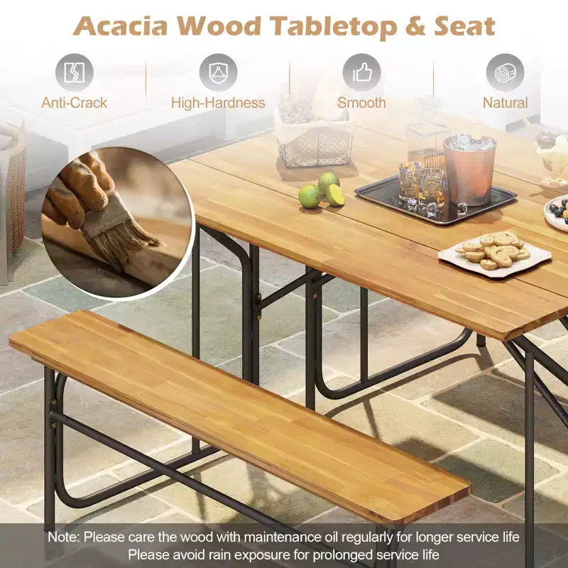 Costway Patio Table Bench Set for 2 Picnic Table & Loveseat w/Acacia Wood Top Metal Legs