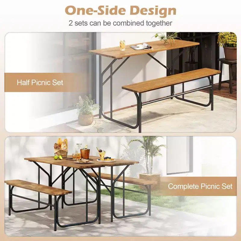 Costway Patio Table Bench Set for 2 Picnic Table & Loveseat w/Acacia Wood Top Metal Legs