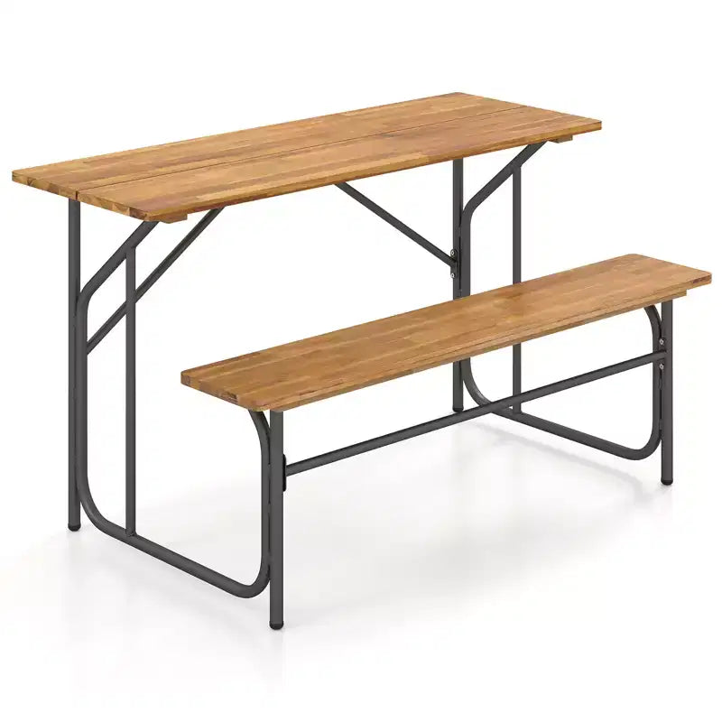 Costway Patio Table Bench Set for 2 Picnic Table & Loveseat w/Acacia Wood Top Metal Legs