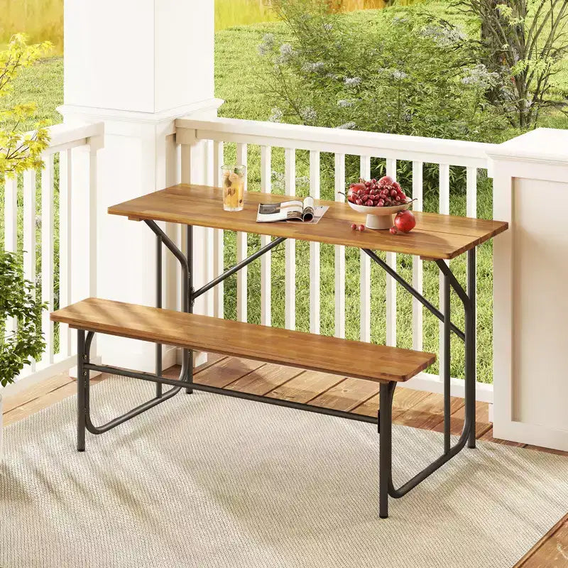 Costway Patio Table Bench Set for 2 Picnic Table & Loveseat w/Acacia Wood Top Metal Legs