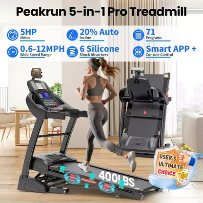 5HP Foldable Treadmill for Home w/ 20% Auto Incline&12MPH,400lbs Capacity,Portable Treadmill,Personalized Workout w/ APP,Running Walking treadmill