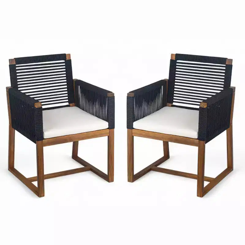 Ensemble de salle à manger d'extérieur 7 pièces en bois d'acacia avec coussins, ensemble de salle à manger de patio avec 6 chaises tressées en corde et grande table pour jardin, terrasse-Panipeachy