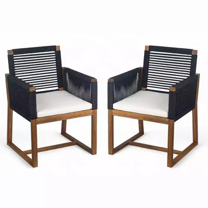 Ensemble de salle à manger d'extérieur 7 pièces en bois d'acacia avec coussins, ensemble de salle à manger de patio avec 6 chaises tressées en corde et grande table pour jardin, terrasse-Panipeachy