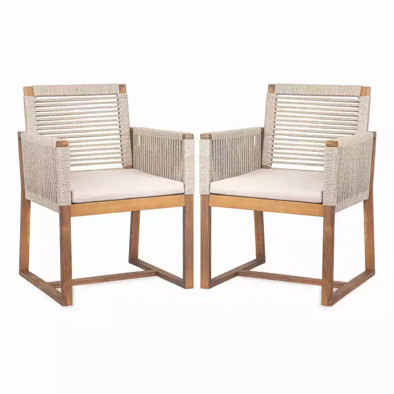 Ensemble de salle à manger d'extérieur 7 pièces en bois d'acacia avec coussins, ensemble de salle à manger de patio avec 6 chaises tressées en corde et grande table pour jardin, terrasse-Panipeachy