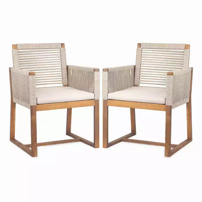 Ensemble de salle à manger d'extérieur 7 pièces en bois d'acacia avec coussins, ensemble de salle à manger de patio avec 6 chaises tressées en corde et grande table pour jardin, terrasse-Panipeachy