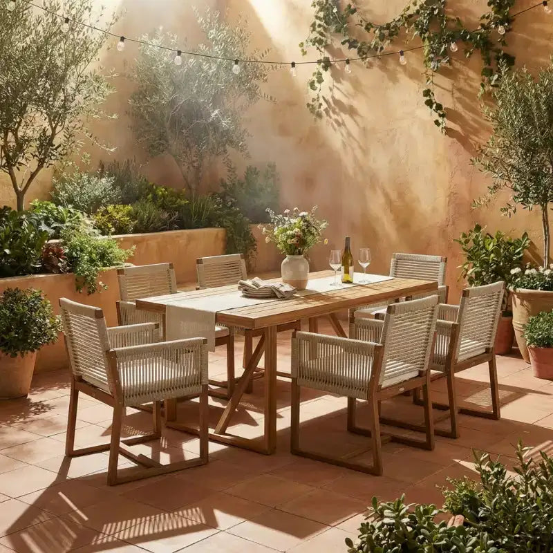 Ensemble de salle à manger d'extérieur 7 pièces en bois d'acacia avec coussins, ensemble de salle à manger de patio avec 6 chaises tressées en corde et grande table pour jardin, terrasse-Panipeachy