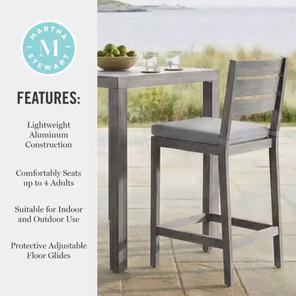 Martha Stewart Bedford 5 Piece Aluminum Patio Set, 4 Bar Stools with Cushions, 35.5 Square Patio Table