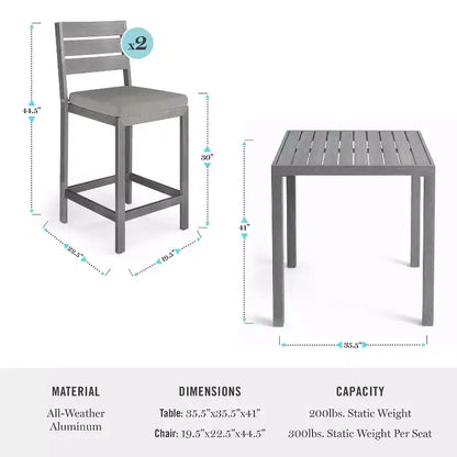 Martha Stewart Bedford 5 Piece Aluminum Patio Set, 4 Bar Stools with Cushions, 35.5 Square Patio Table