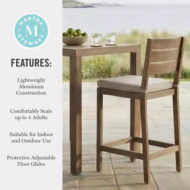 Martha Stewart Bedford 5 Piece Aluminum Patio Set, 4 Bar Stools with Cushions, 35.5 Square Patio Table