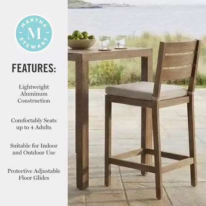 Martha Stewart Bedford 5 Piece Aluminum Patio Set, 4 Bar Stools with Cushions, 35.5 Square Patio Table