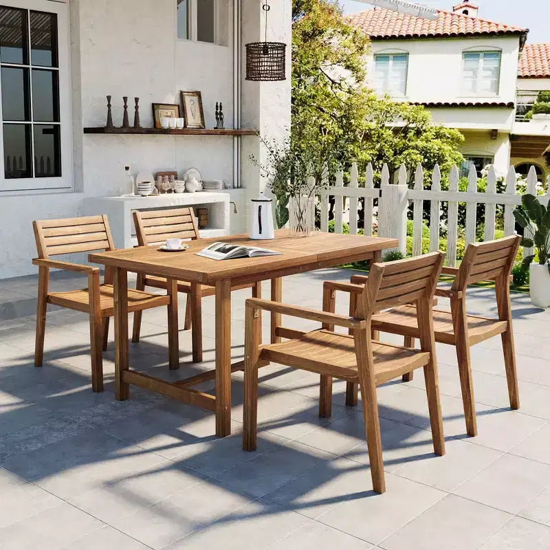 GDFStudio Lena Ensemble de salle à manger d'extérieur 5 pièces en bois d'acacia avec table rectangulaire de 150 cm et trou pour parasol