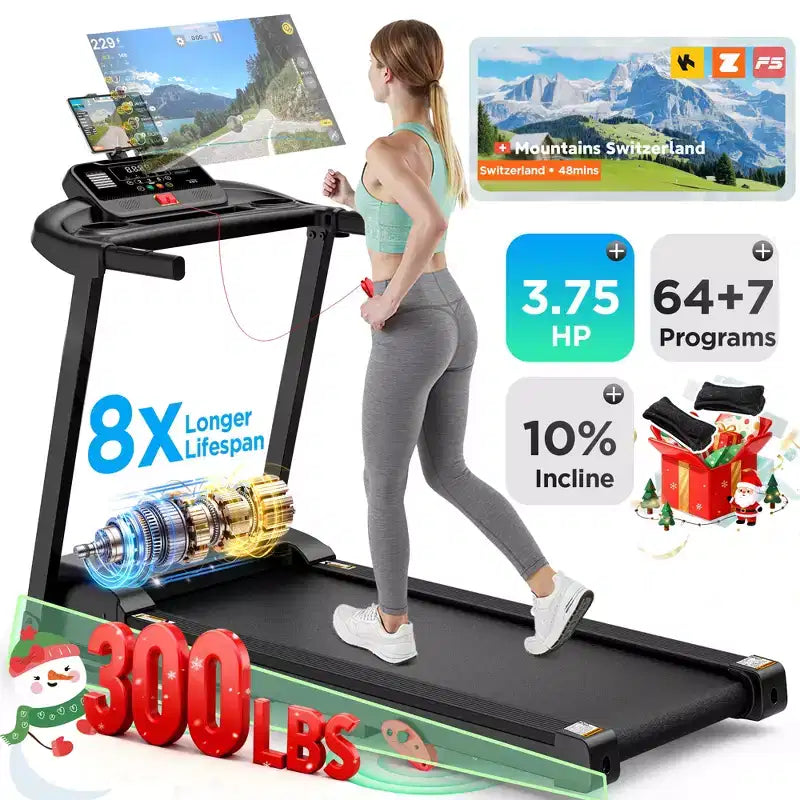 3.75HP Folding Treadmill for Home w/ Incline 300LB Capacity,Portable Walking Running Treadmill,71 Program,7.5MPH Fast Speed,Wide Shock Absorption Belt