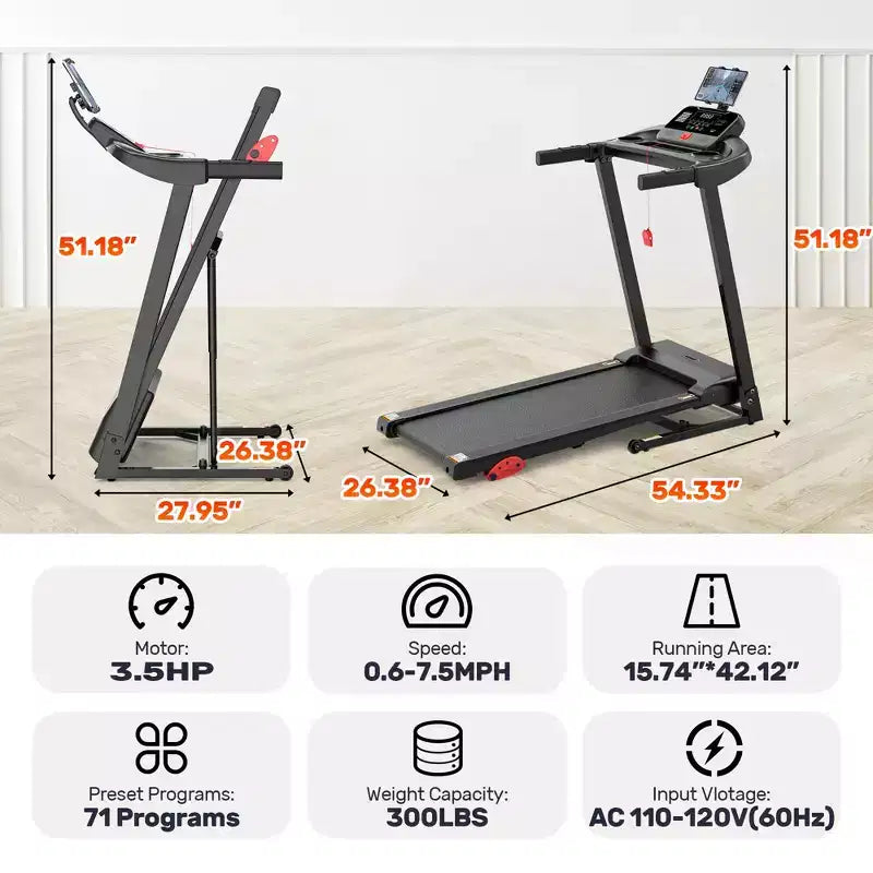 3.5HP Folding Treadmill for Home w/ incline&71 Workouts, 300 lbs Capacity Treadmill,APP w/ Free Train Courses,Dual HiFi Speakers,Exercise Equipment