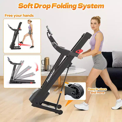 3.55HP Treadmill clearance w/10% Incline 320lb Capacity,Foldable Home 7.5MPH Treadmill,71 Smart Program, APP Control Jogging Walking w/ Free Knee Pads