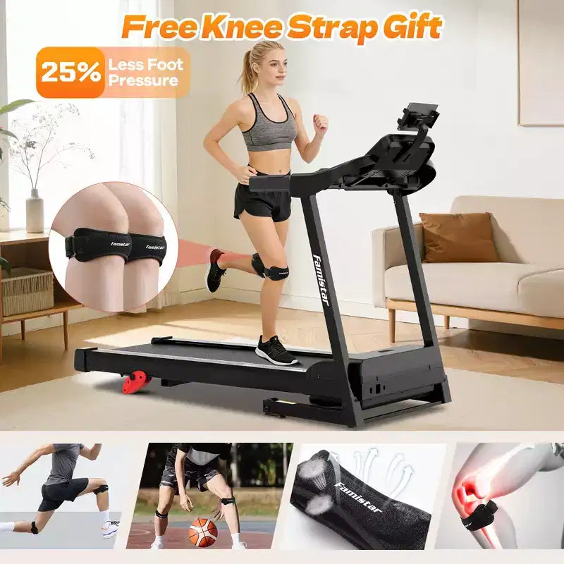 3.55HP Treadmill clearance w/10% Incline 320lb Capacity,Foldable Home 7.5MPH Treadmill,71 Smart Program, APP Control Jogging Walking w/ Free Knee Pads