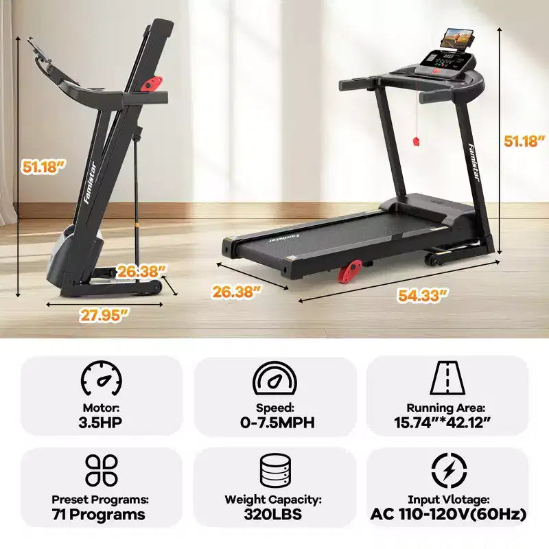 3.55HP Treadmill clearance w/10% Incline 320lb Capacity,Foldable Home 7.5MPH Treadmill,71 Smart Program, APP Control Jogging Walking w/ Free Knee Pads