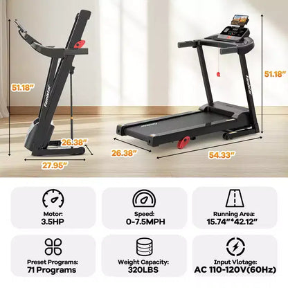 3.55HP Treadmill clearance w/10% Incline 320lb Capacity,Foldable Home 7.5MPH Treadmill,71 Smart Program, APP Control Jogging Walking w/ Free Knee Pads