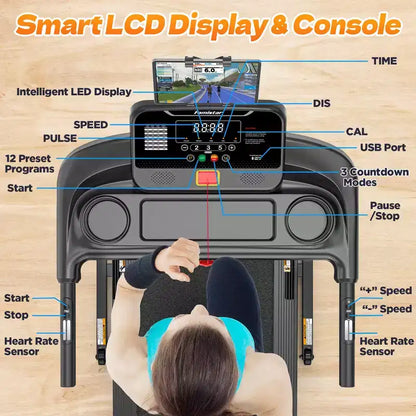 3.55HP Treadmill clearance w/10% Incline 320lb Capacity,Foldable Home 7.5MPH Treadmill,71 Smart Program, APP Control Jogging Walking w/ Free Knee Pads