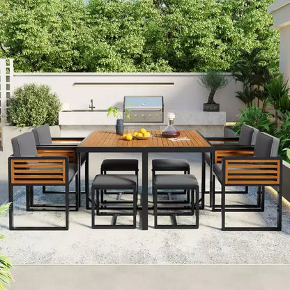 Ensemble de salle à manger GDFStudio Donald de 9 pièces pour patio en bois d'acacia avec table carrée, 4 chaises rembourrées et 4 tabourets
