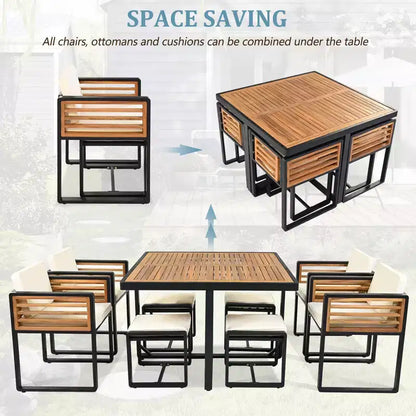 Ensemble de salle à manger GDFStudio Donald de 9 pièces pour patio en bois d'acacia avec table carrée, 4 chaises rembourrées et 4 tabourets