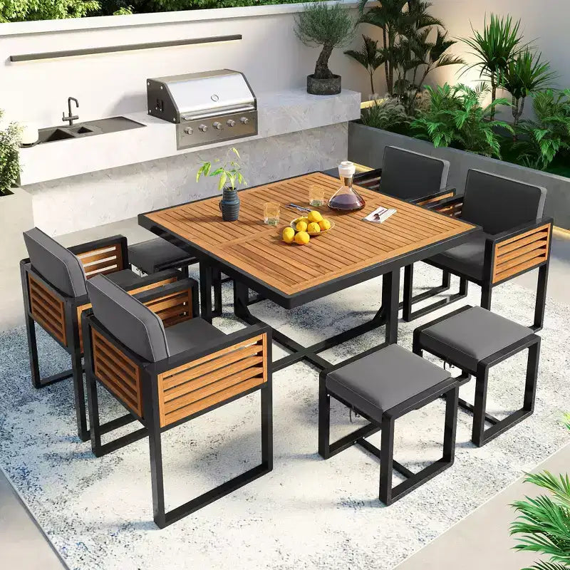 Ensemble de salle à manger GDFStudio Donald de 9 pièces pour patio en bois d'acacia avec table carrée, 4 chaises rembourrées et 4 tabourets