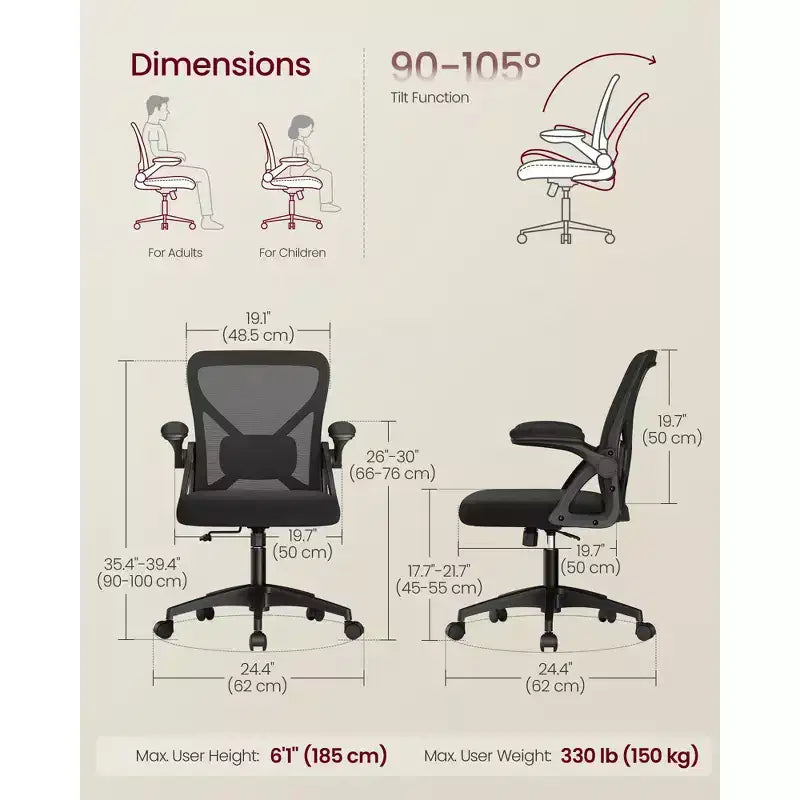 VASAGLE Ergonomic Mesh Office Chair with Adjustable Lumbar Support, 90-105 Tilt Function, Wide Seat, FlipUp Armrests