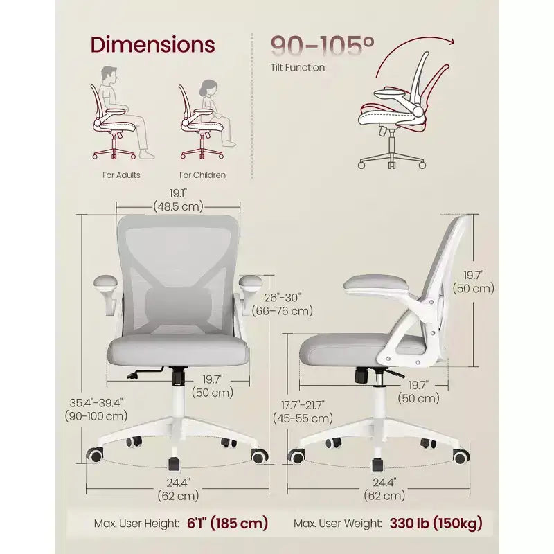 VASAGLE Ergonomic Mesh Office Chair with Adjustable Lumbar Support, 90-105 Tilt Function, Wide Seat, FlipUp Armrests