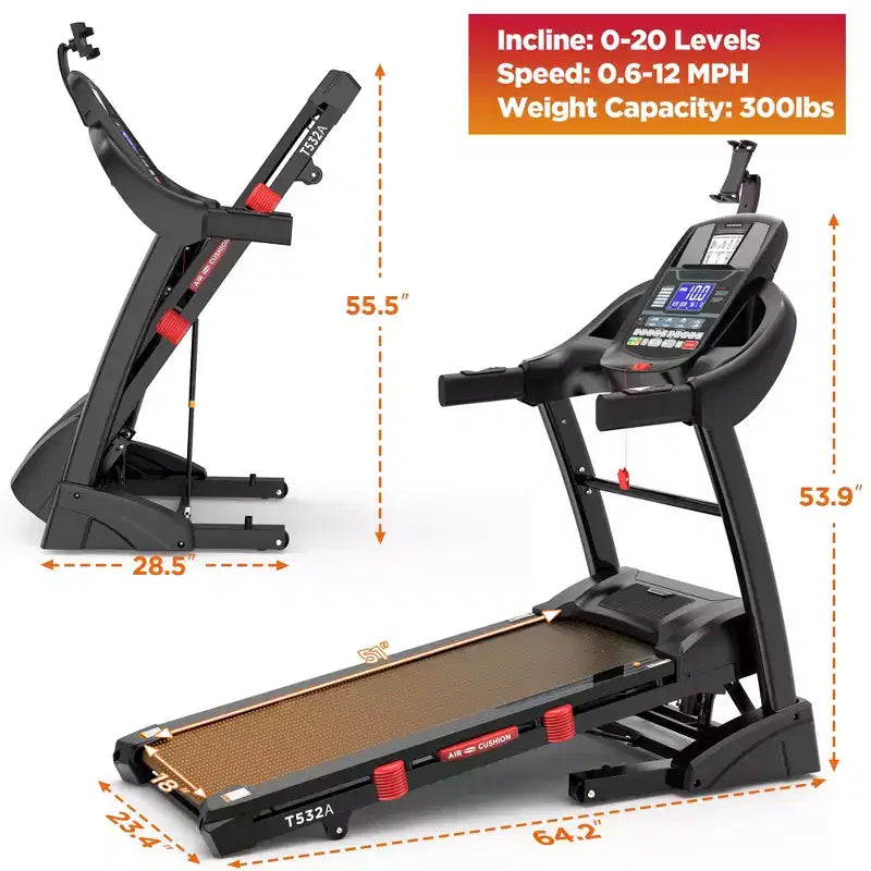 Folding 3HP Electric Treadmill Running Machine APP Control Bluetooth Black