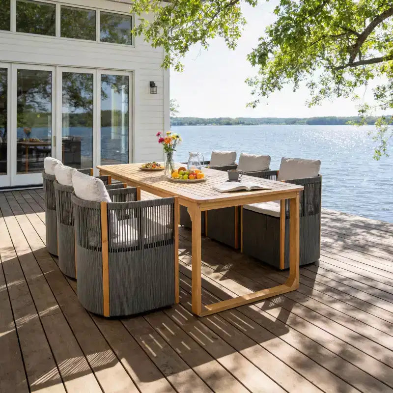 Christopher Knight Home Harrison Patio Modern Acacia Wood 7-Piece Dining Set 6 Swivel Rope Chairs