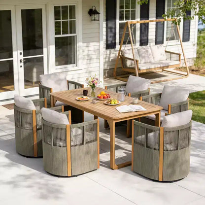 Christopher Knight Home Harrison Patio Modern Acacia Wood 7-Piece Dining Set 6 Swivel Rope Chairs