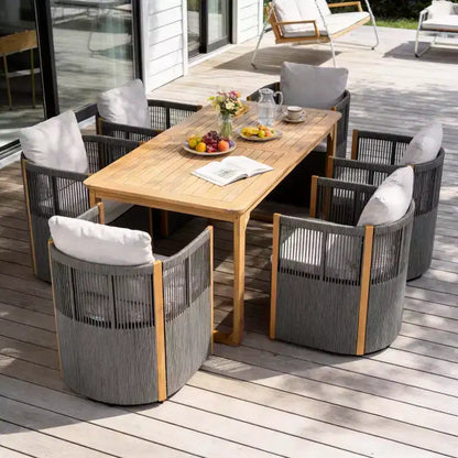 Christopher Knight Home Harrison Patio Modern Acacia Wood 7-Piece Dining Set 6 Swivel Rope Chairs