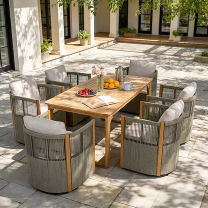 Christopher Knight Home Harrison Patio Modern Acacia Wood 7-Piece Dining Set 6 Swivel Rope Chairs