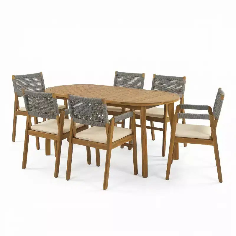 Christopher Knight Home Hanh Modern 7 Piece Acacia Wood Patio Dining Set with Slatted Table and Rope Design