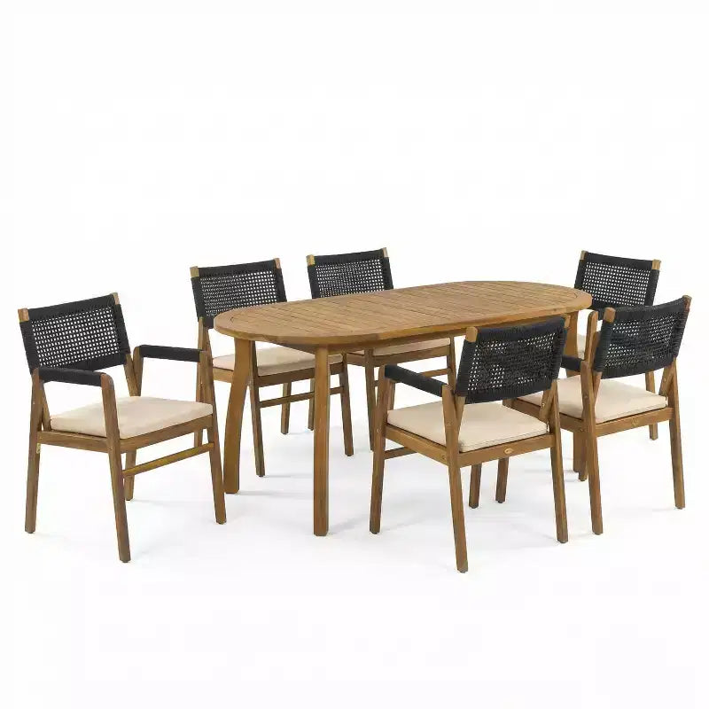 Christopher Knight Home Hanh Modern 7 Piece Acacia Wood Patio Dining Set with Slatted Table and Rope Design