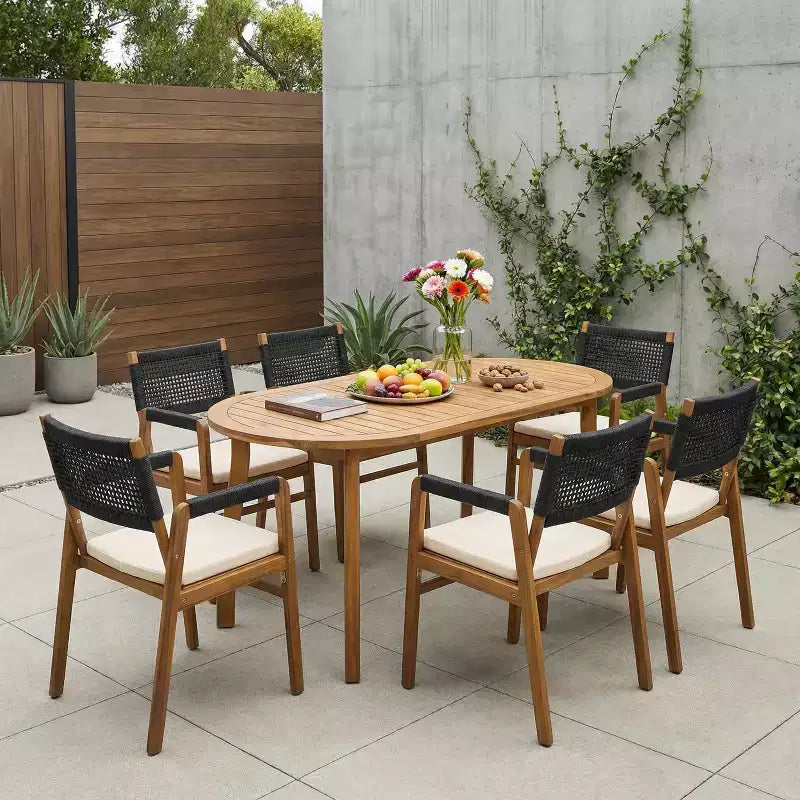 Christopher Knight Home Hanh Modern 7 Piece Acacia Wood Patio Dining Set with Slatted Table and Rope Design