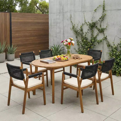 Christopher Knight Home Hanh Modern 7 Piece Acacia Wood Patio Dining Set with Slatted Table and Rope Design