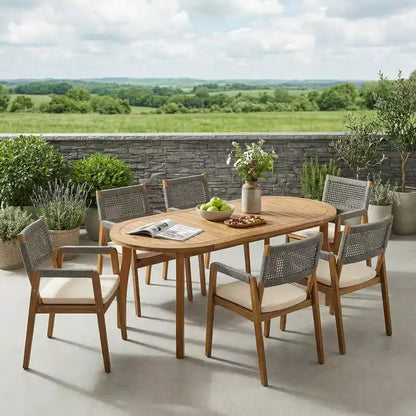 Christopher Knight Home Hanh Modern 7 Piece Acacia Wood Patio Dining Set with Slatted Table and Rope Design