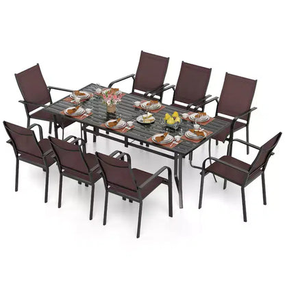 Ensemble de salle à manger Gymax 9 pièces pour patio avec table rectangulaire et chaises empilables avec trou pour parasol
