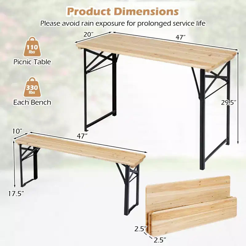 Gymax 3PCS Folding Picnic Table w/ Benches Seats & Metal Frame for Garden Patio
